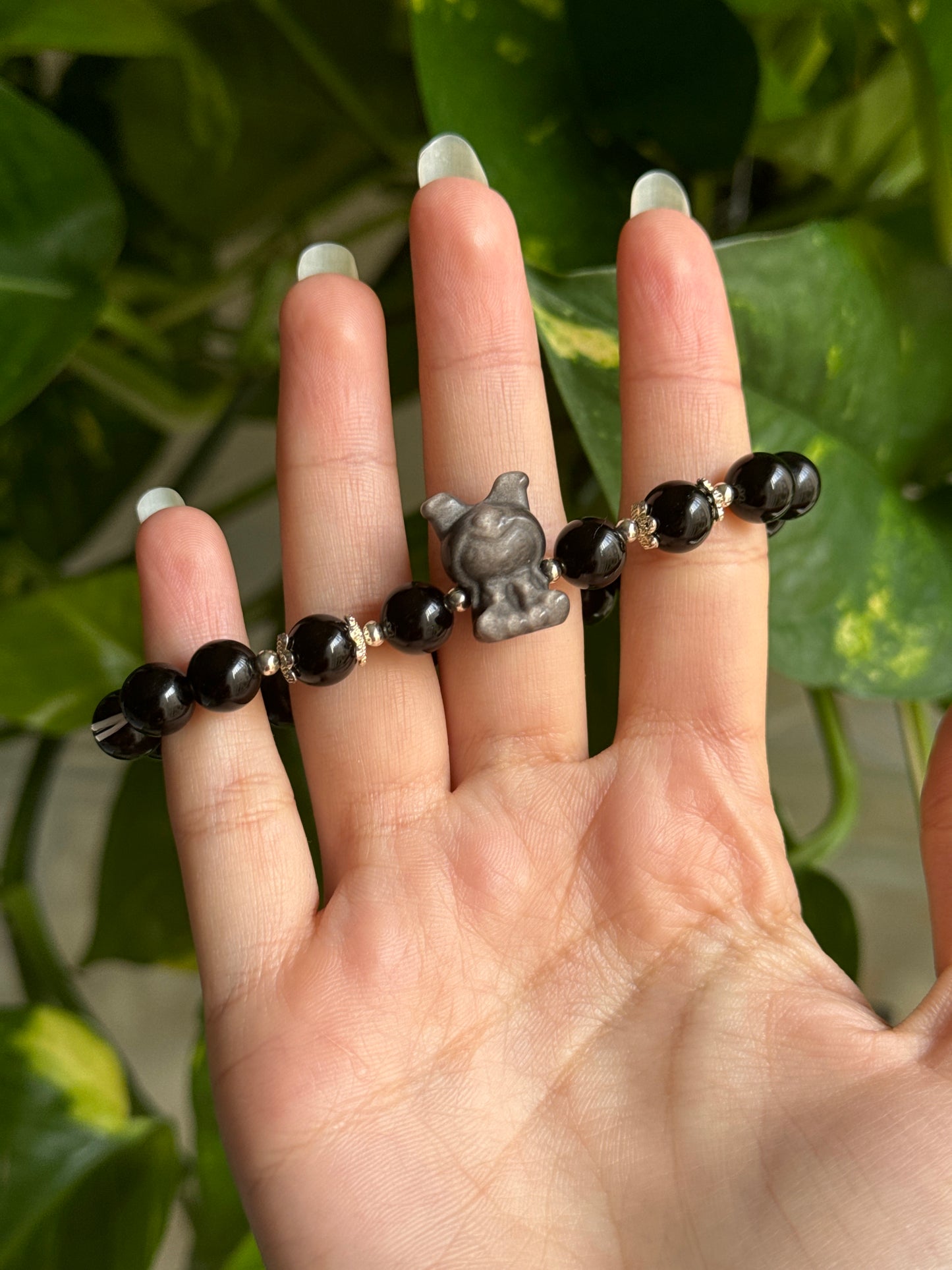 Kuromi Silver Sheen Obsidian & Obsidian Bracelet