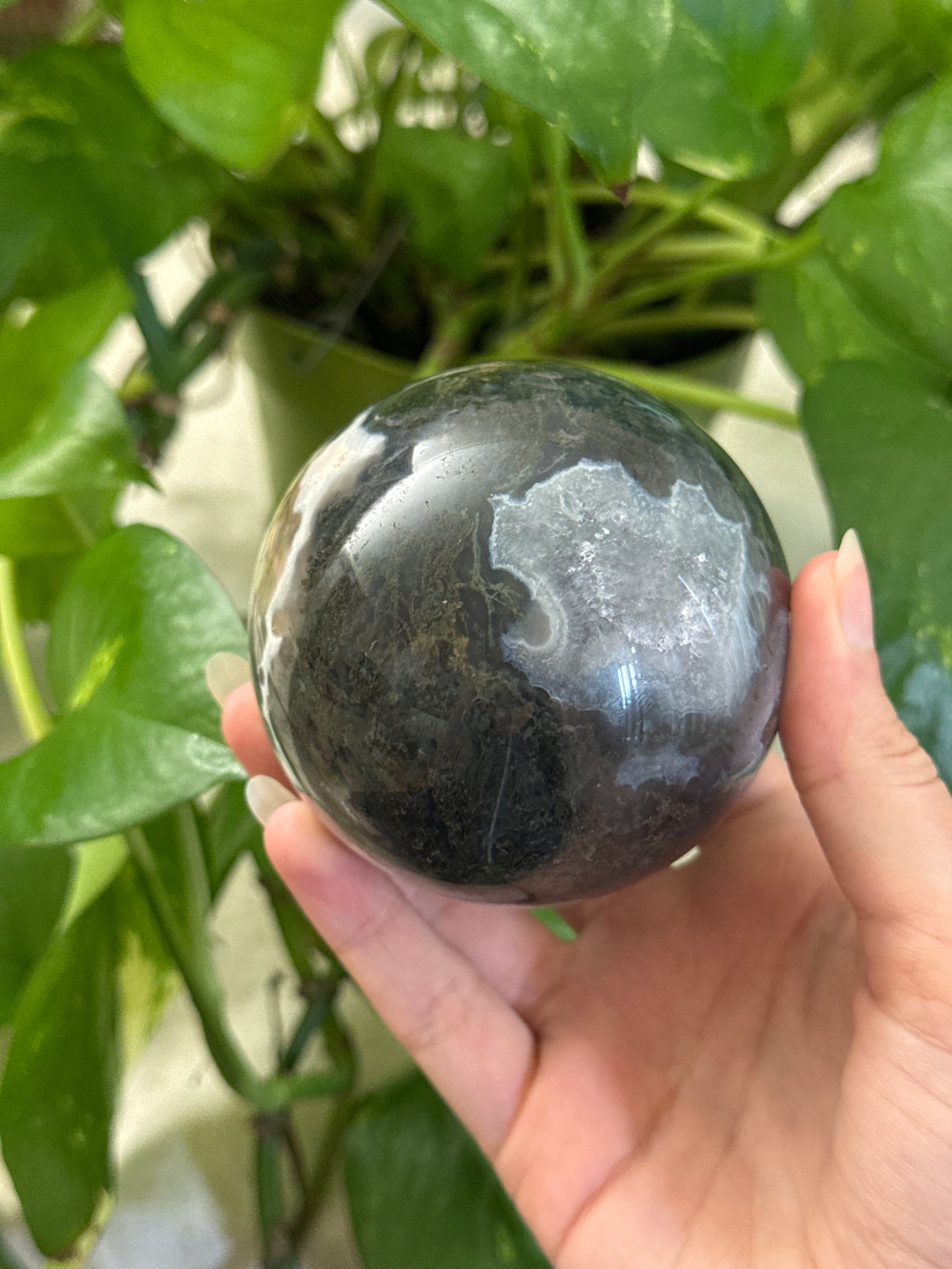 Moody Moss Agate Sphere With Carnelian