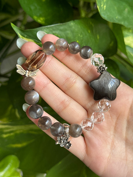 Grey Moonstone & Smoky Quartz & Silver Sheen Obsidian Chunky Star Bracelet