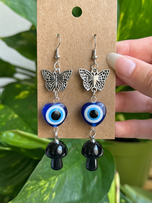 Obsidian Mushroom Evil Eye Earrings