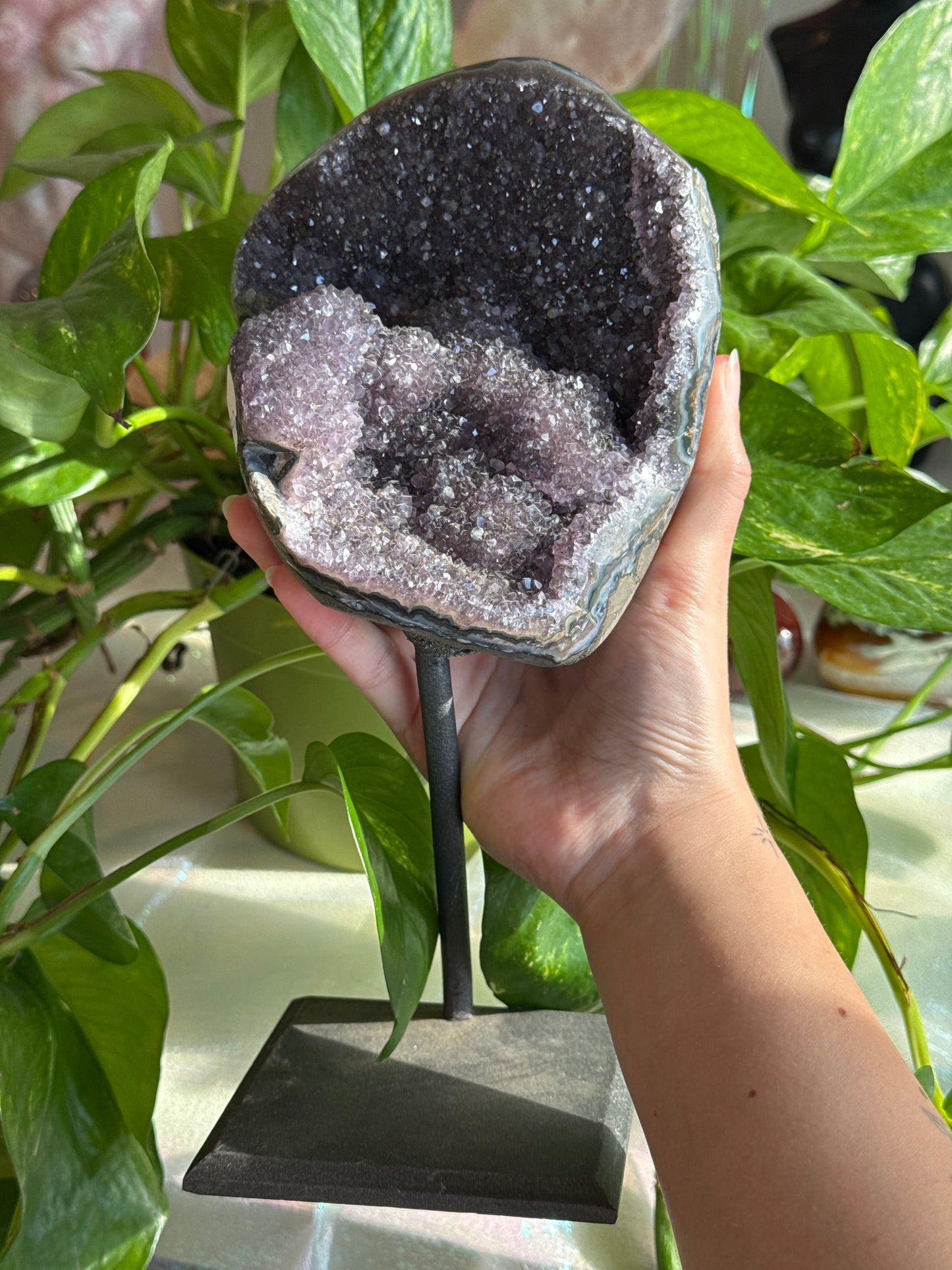 Sparkly Moody Amethyst Statement Geode on Stand