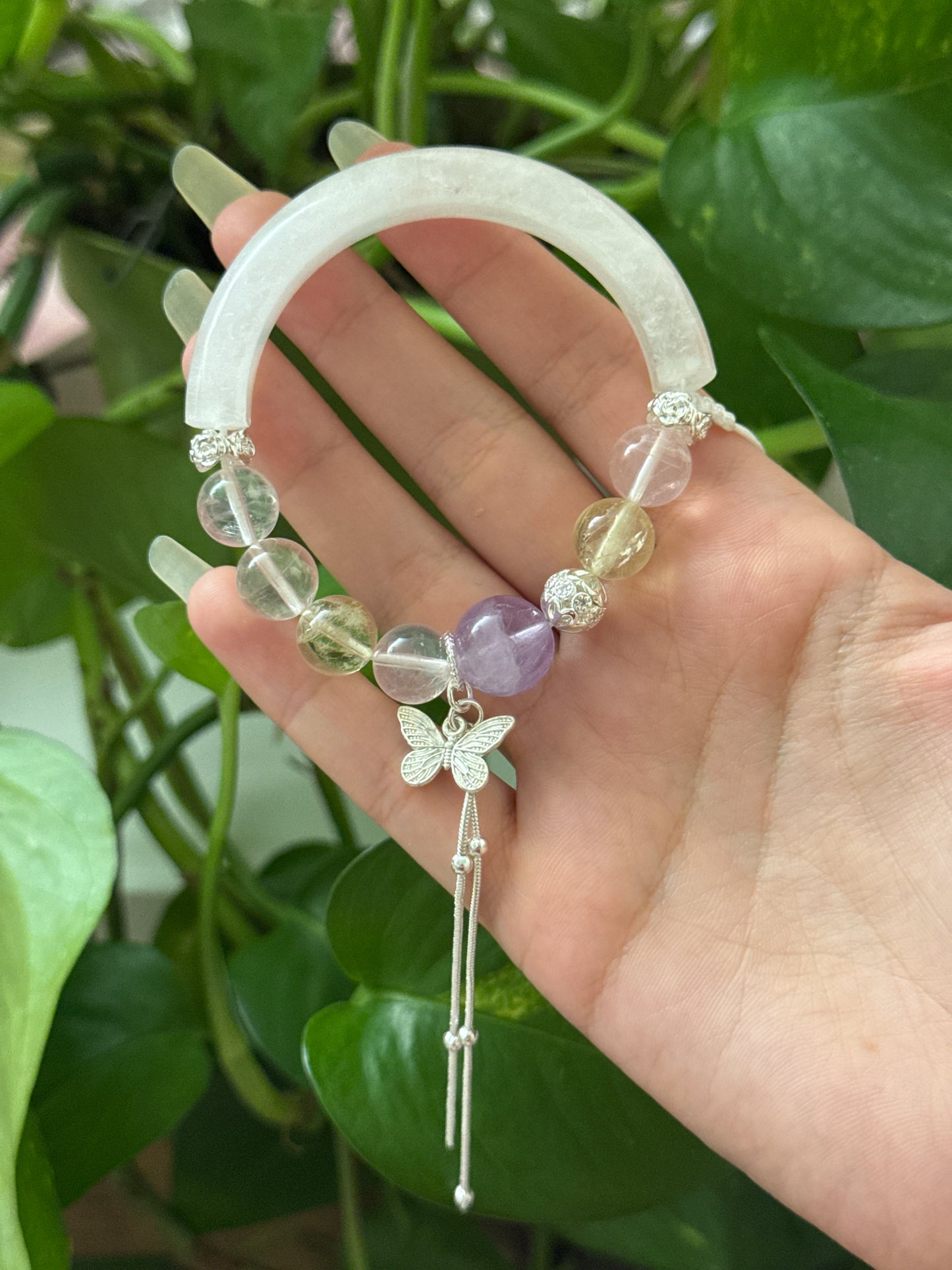 Amethyst, Golden Amethyst, & Star Flash Rose Quartz Half Bangle Adjustable Bracelet