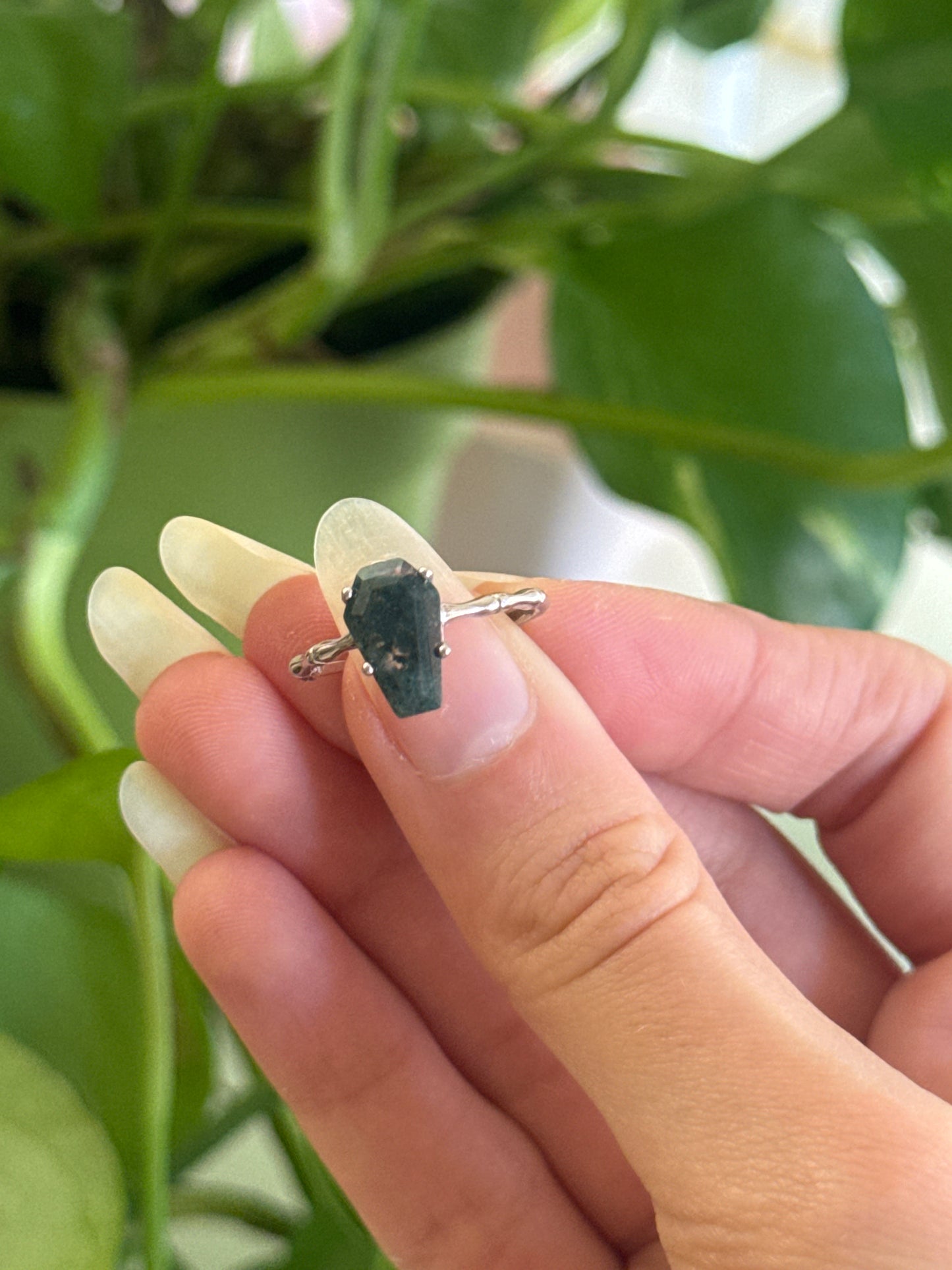 Moss Agate Coffin 925 Sterling Silver Adjustable Ring