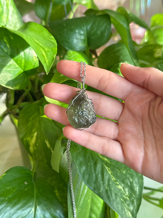 Raw Moldavite Statement Wire Wrapped Necklace