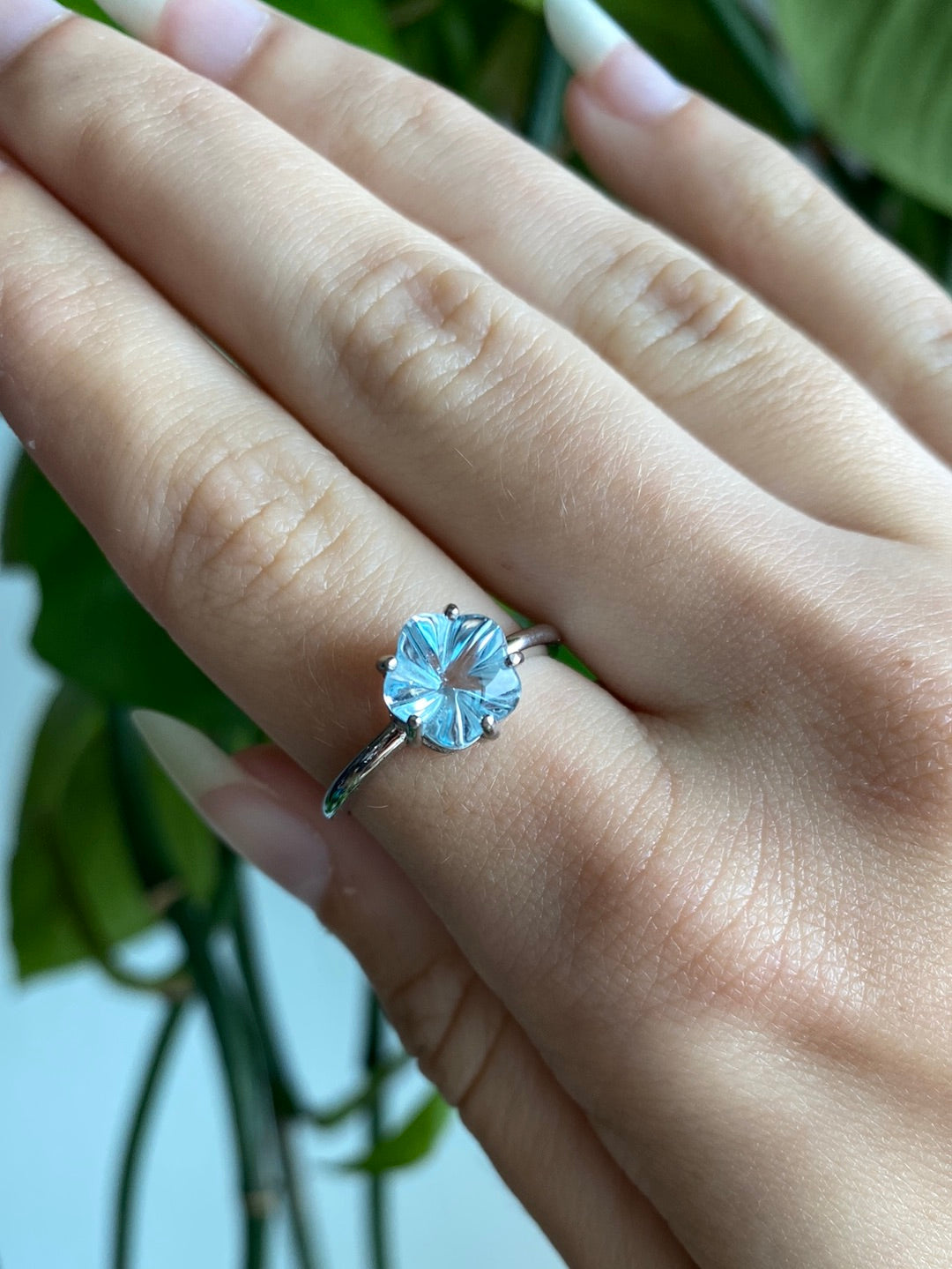 High Grade Aquamarine Flower 925 Silver Adjustable Ring