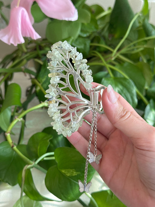 Prehnite Silver Butterfly Hair Claw Clip