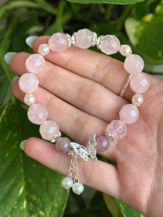 Rose Quartz & Pearl Butterfly Bracelet