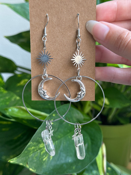 Silver Crescent Moon Clear Quartz Hoop Earrings