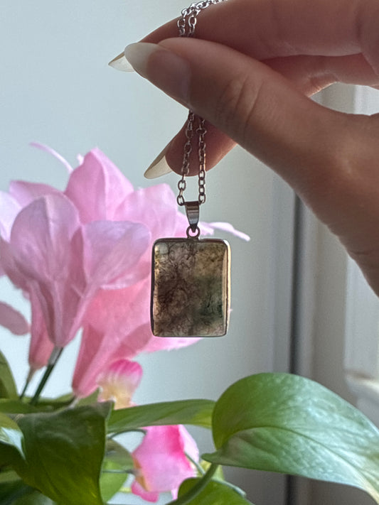 Rainbow Moss Agate Rectangle Necklace