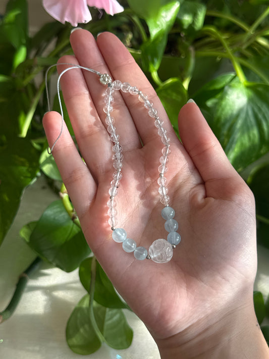 Clear Quartz, Aquamarine, and Clear Quartz Spiral Carving Phone Charm
