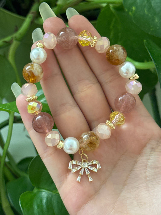 Rose Quartz & Strawberry Quartz & Golden Amethyst Bow Bracelet