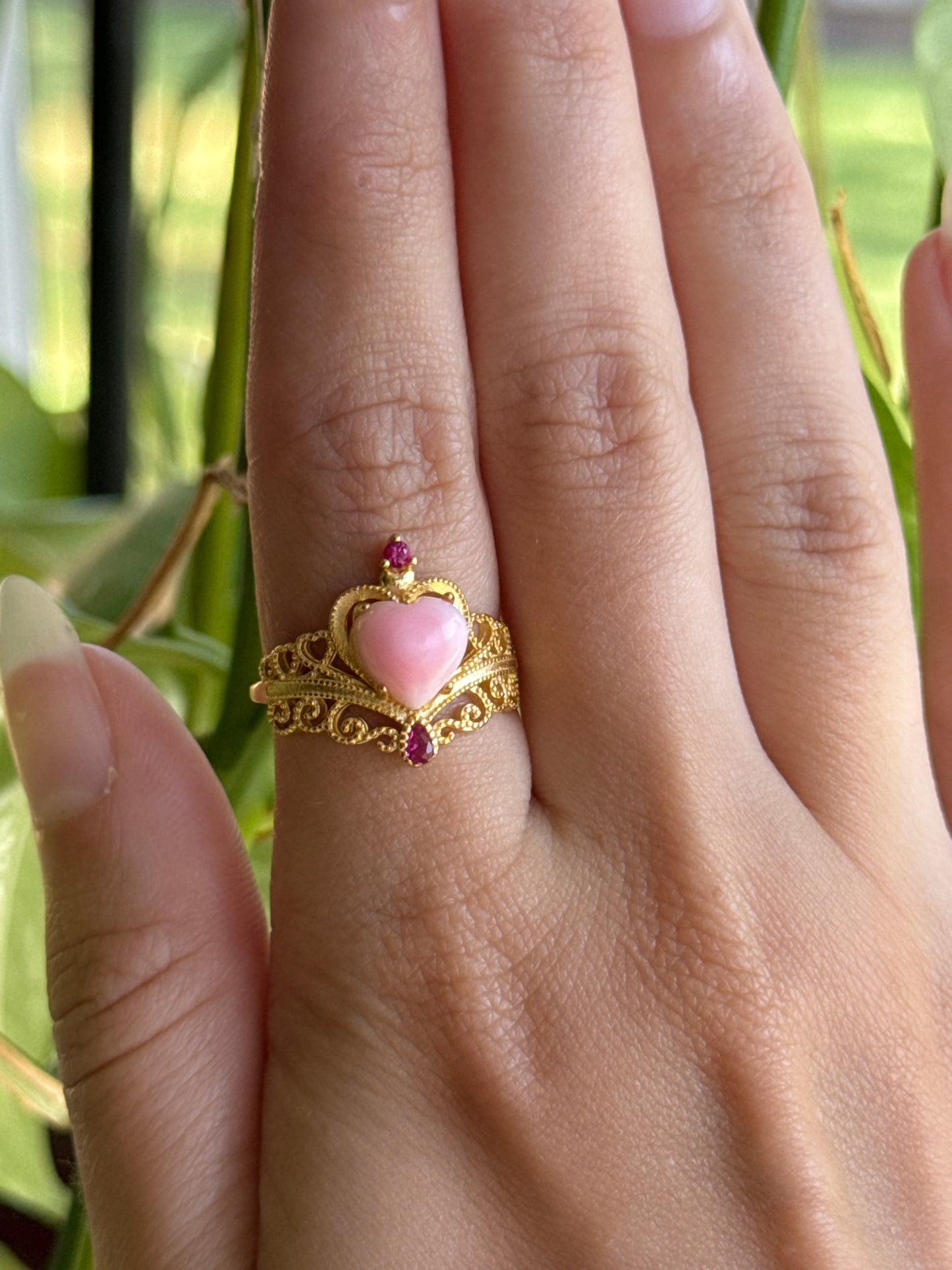 Gold Pink Queen Conch Shell & Pink Tourmaline Crown 925 Adjustable Ring