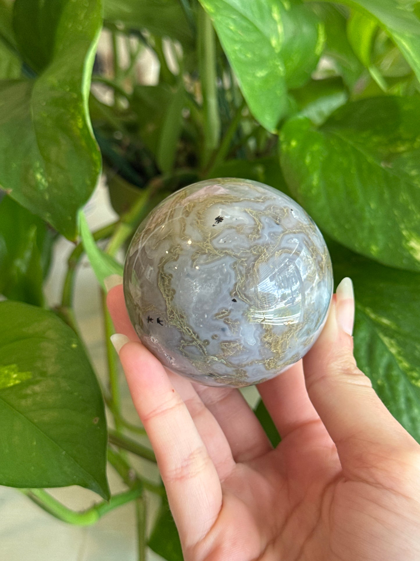 Moody Blue Moss Agate Sphere with Dendrites