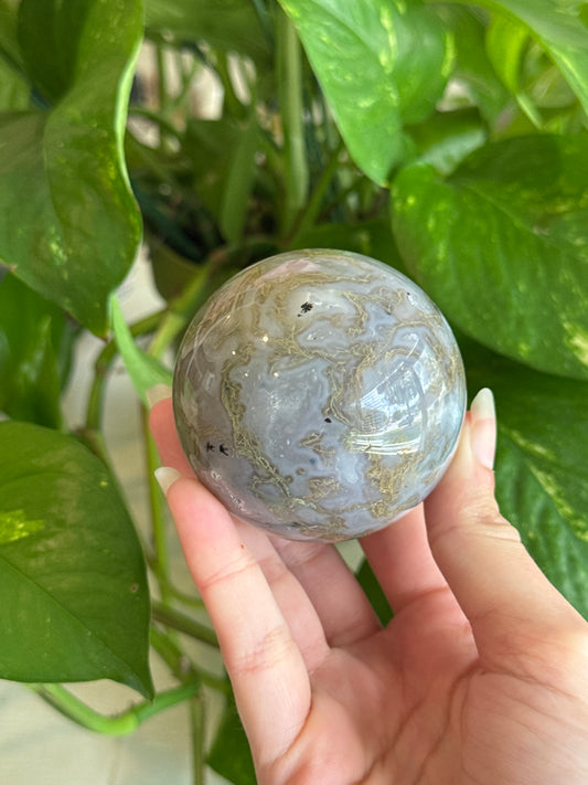 Moody Blue Moss Agate Sphere with Dendrites