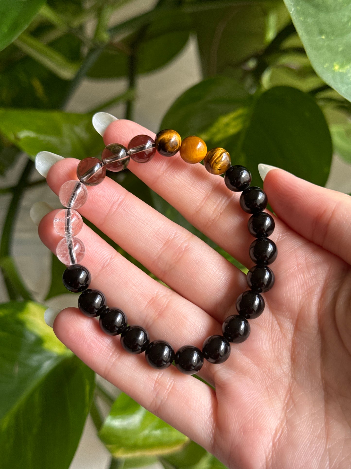 Obsidian& Tigers Eye & Smoky & Clear Quartz Bracelet