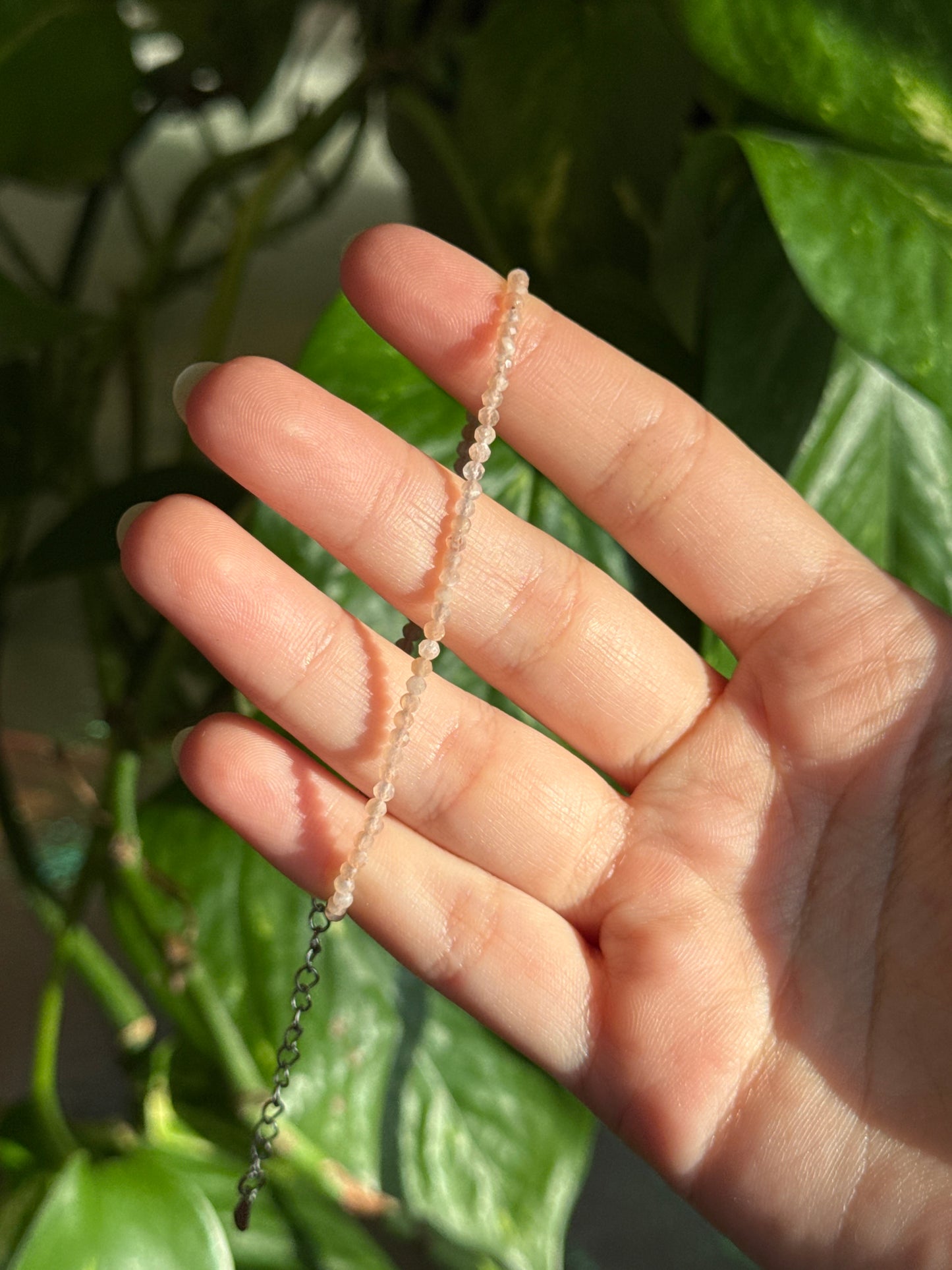 Peach Moonstone Beaded Dainty Silver Adjustable Bracelet