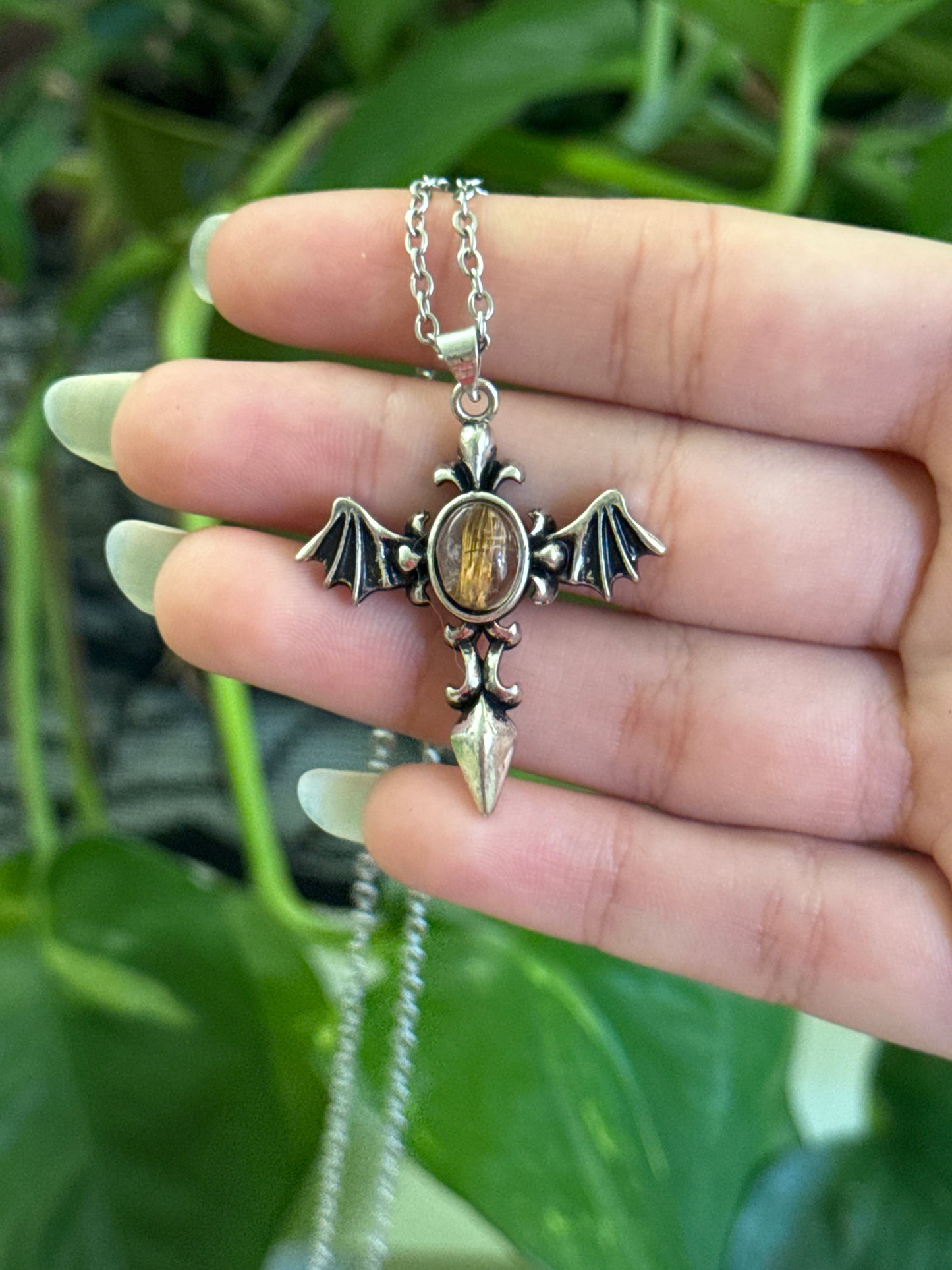 Gold Rutile Bat Dagger Necklace