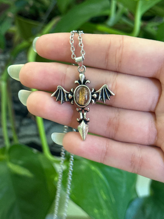 Gold Rutile Bat Dagger Necklace
