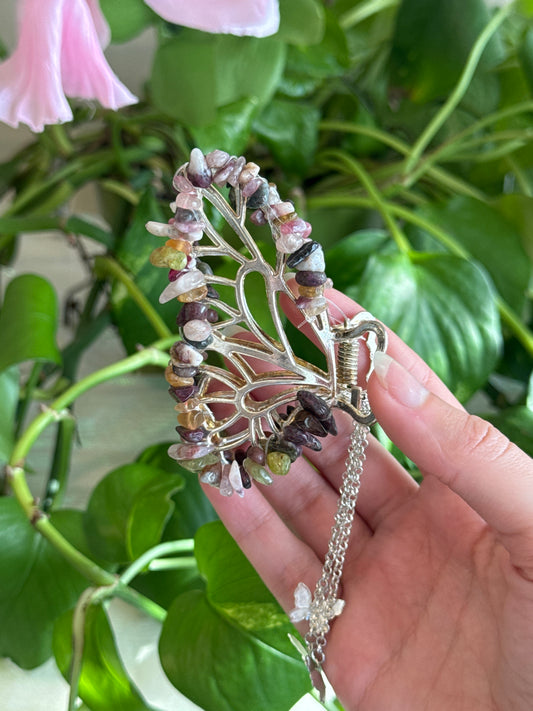 Pink & Green Tourmaline Silver Butterfly Hair Claw Clip