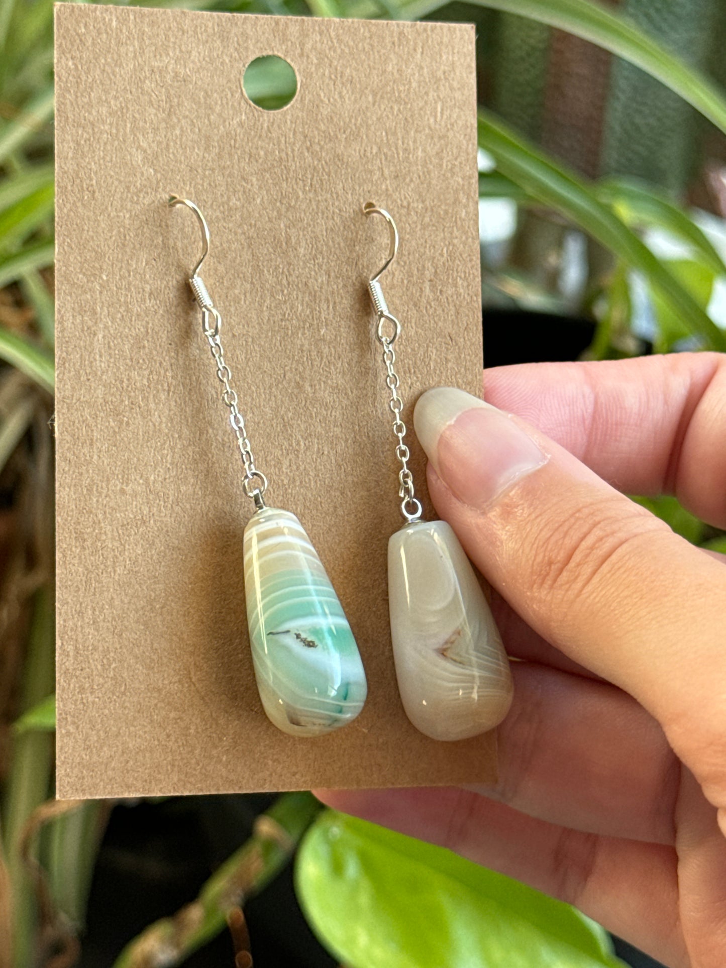 Banded Green Flower Agate Earrings