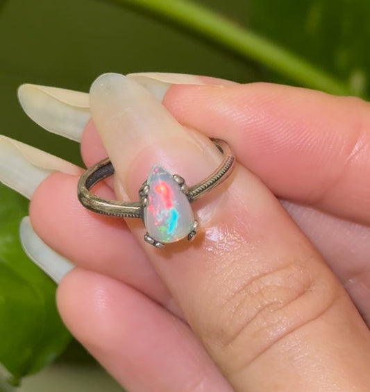 SUPER Flashy Ethiopian Opal Teardrop 925 Silver Adjustable Ring