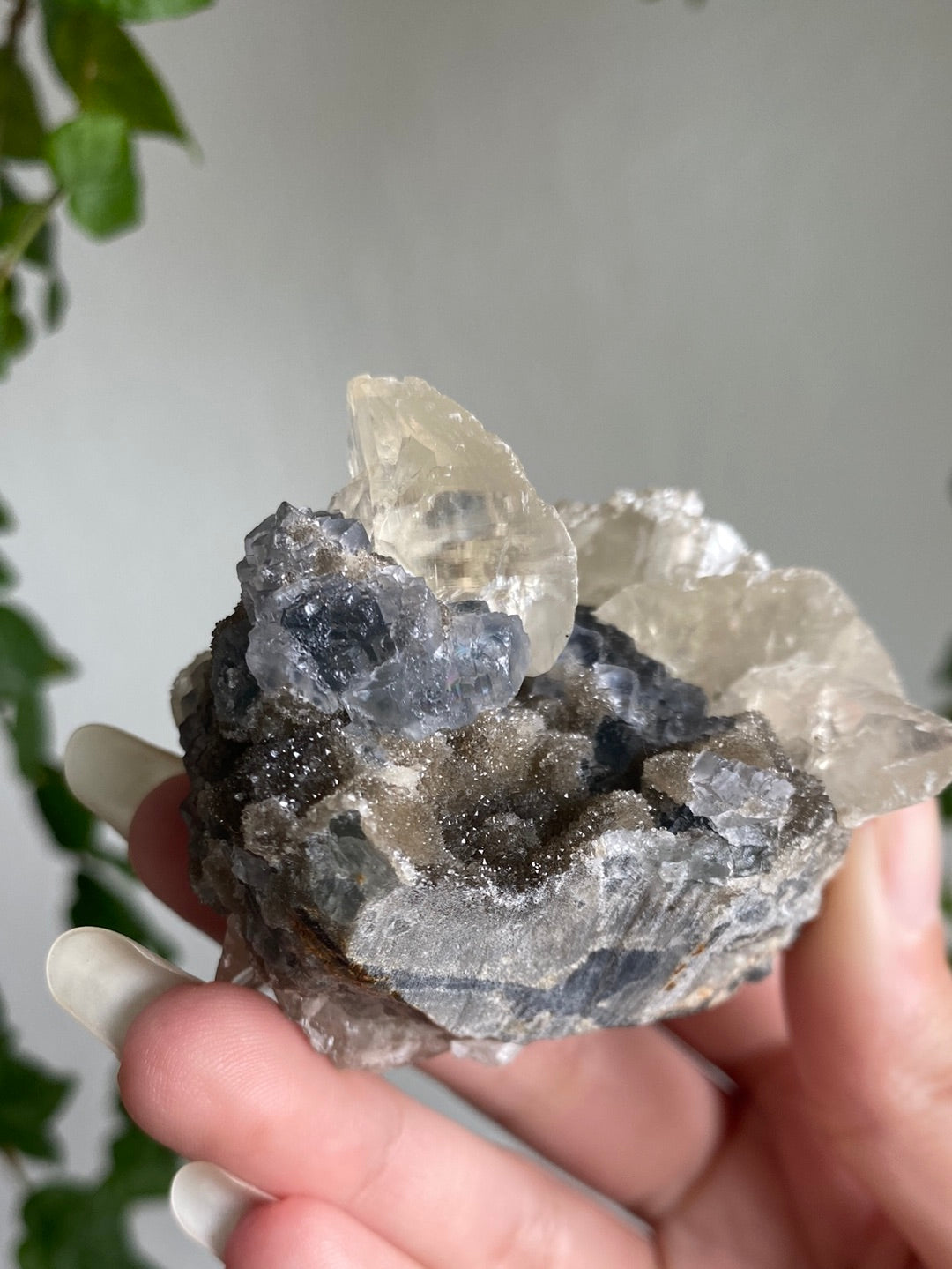 Rare Calcite On Fluorite And Black Chalcedony