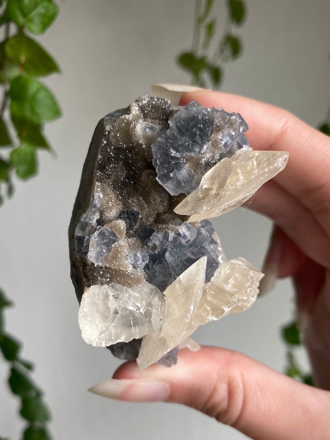 Rare Calcite On Fluorite And Black Chalcedony