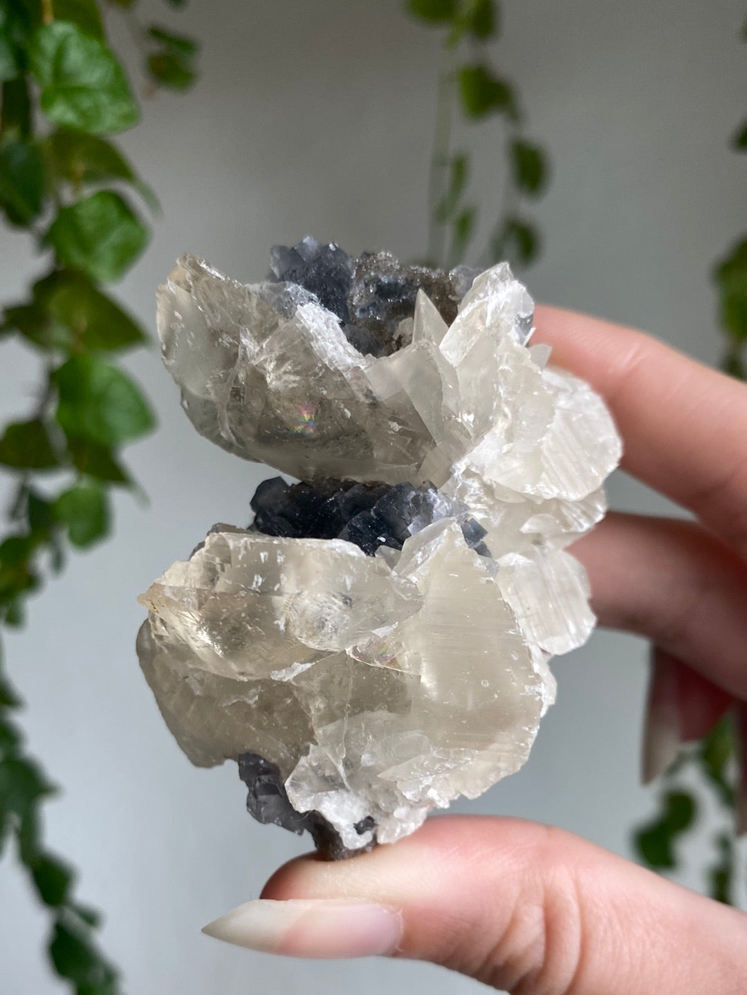 Rare Calcite On Fluorite And Black Chalcedony